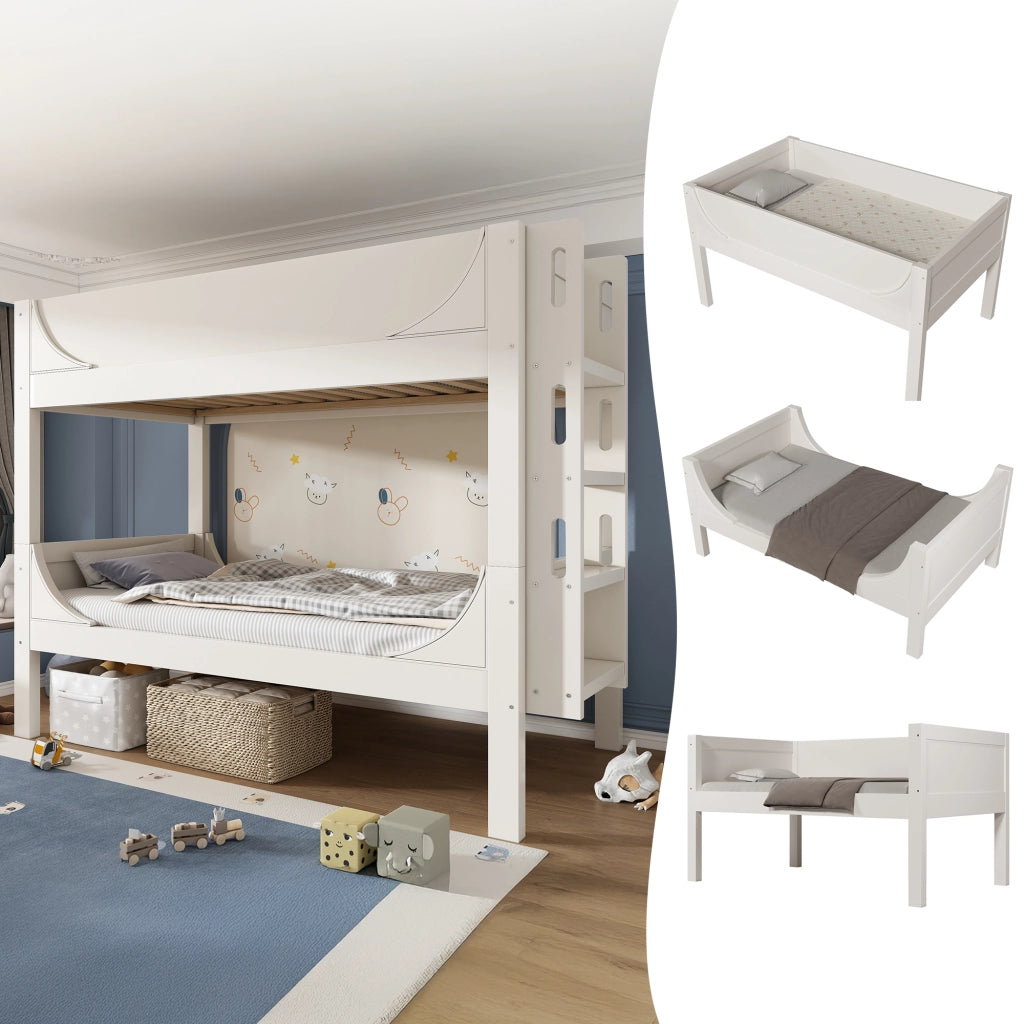 DESMIU Letto a castello bambino 90 × 200 cm 2 posti con scala reversibile e separabile, senza materasso, in legno e metallo, bianco