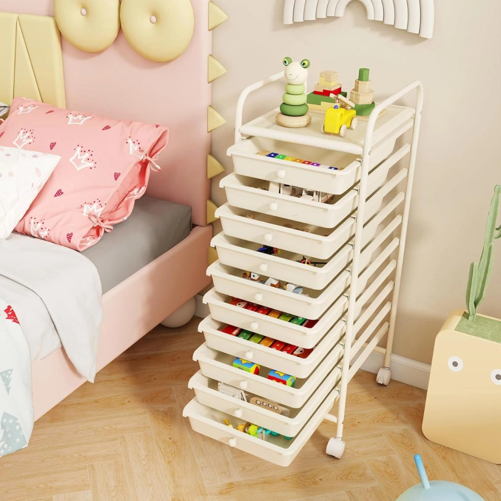 Carrello cassettiera multiuso con 10 cassetti da cucina, Contenitore con ruote a 10 ripiani per bagno Bianco