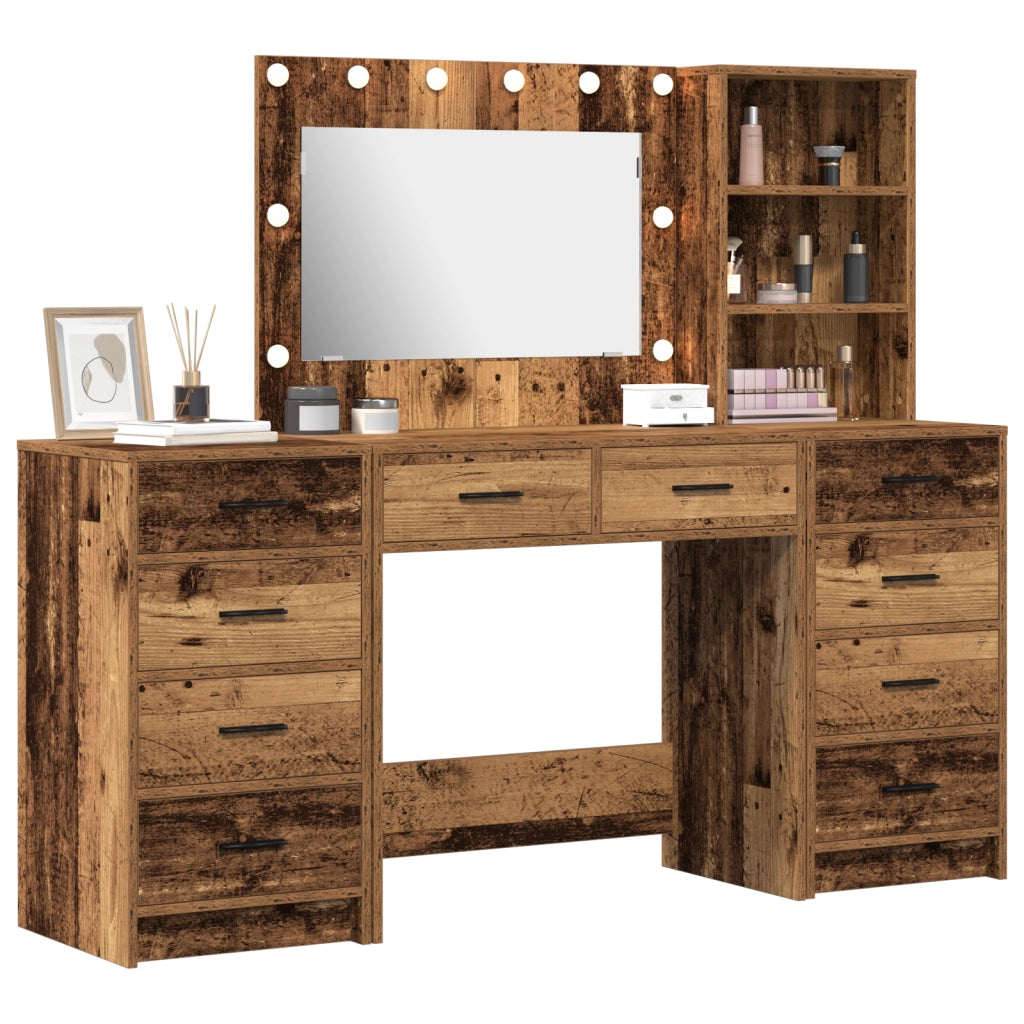 Set di 3 pezzi di tavolo da toeletta con LED legno vecchio legno ingegnerizzato
