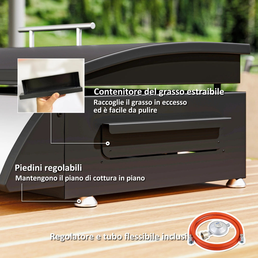 Piastra a Gas 3 Fuochi ¨C Xylo ¨C Acciaio Smaltato Nero 7.5kW con Coperchio