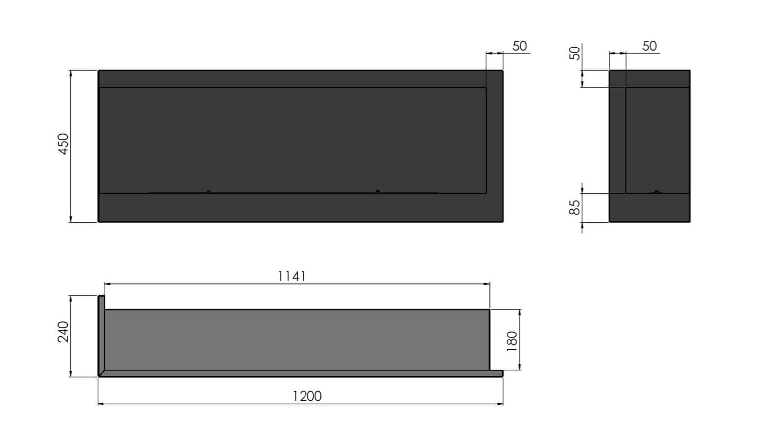Camino a Bioetanolo da Incasso 120x45 cm Corner 1200 Left Sinistro Nero con Vetro