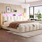 Letto imbottito 180x200 cm con contenitore; LED e USB in velluto beige