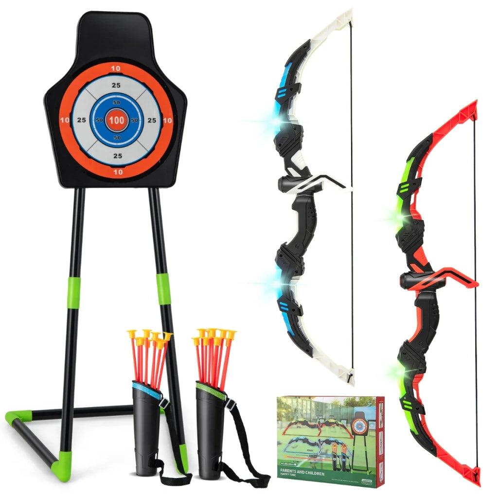 Set di 2 archi e 20 frecce con bersaglio autoportante da 44 x 44 x 99 cm per gioco al chiuso e all'aperto in ABS nero 20_0010180