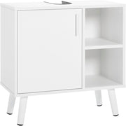 Mobile Bagno con Anta, Lavandino con 2 Vani a Giorno, Mobiletto da Bagno Freestanding, Legno Massiccio, Bianco, 60x30x60 cm