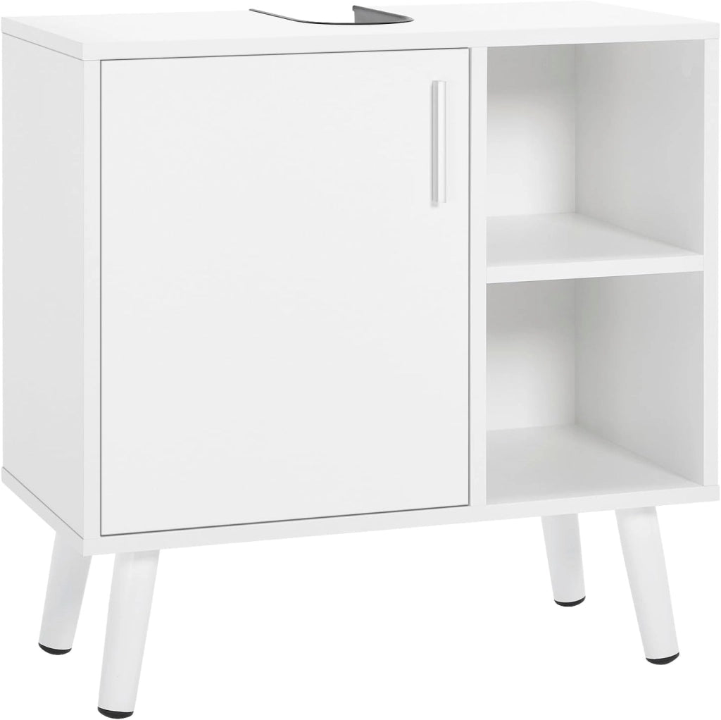 Mobile Bagno con Anta, Lavandino con 2 Vani a Giorno, Mobiletto da Bagno Freestanding, Legno Massiccio, Bianco, 60x30x60 cm