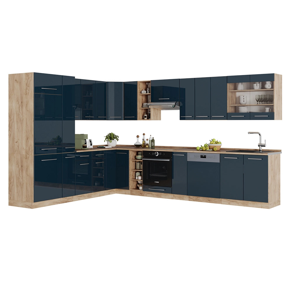 Cucina angolare completa Fame-Line Blu scuro lucido/Rovere dorato 347 x 60 cm, PL Marmo Vicco