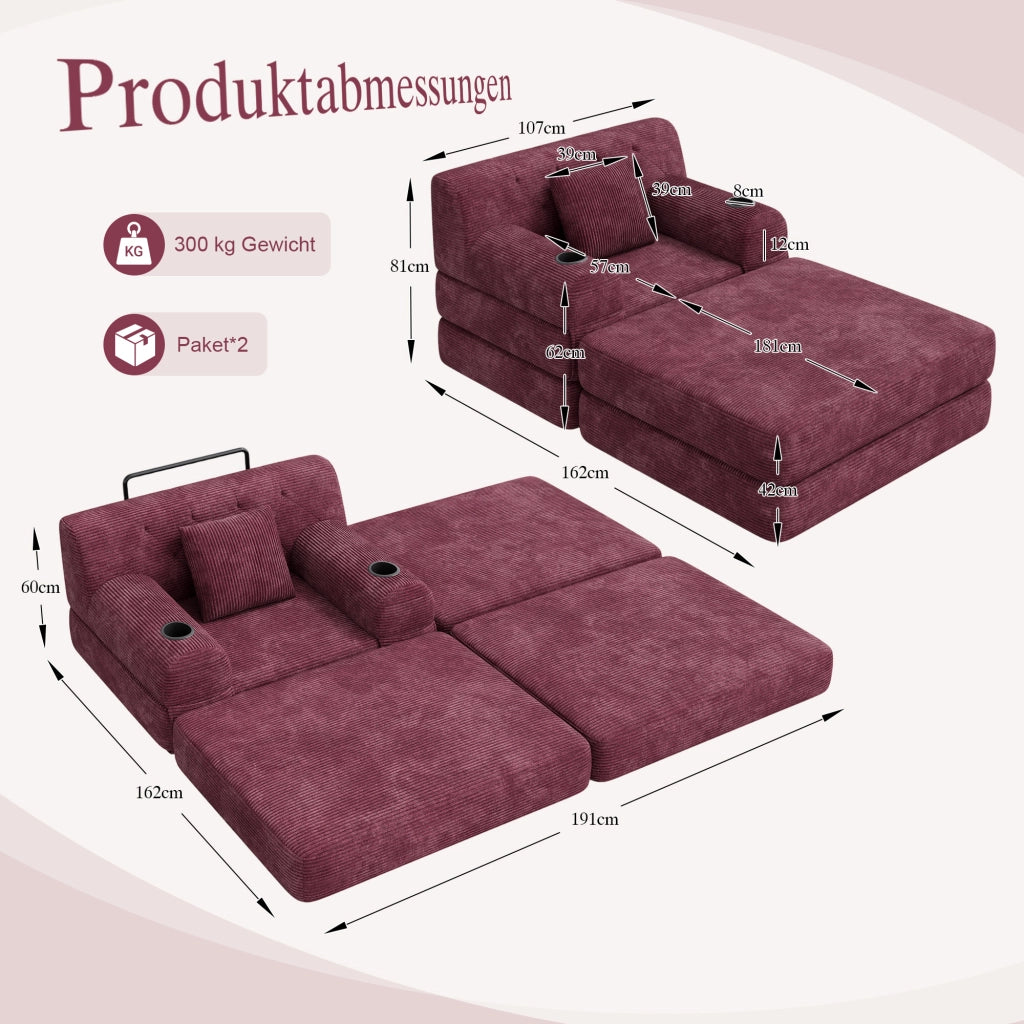 Poltrona letto - con funzione letto; tasche laterali e portabicchieri - in velluto a coste bordeaux