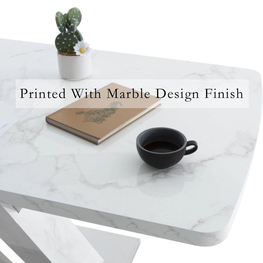 Tavolo allungabile rettangolare con piano effetto marmo bianco e base a X in metallo per sala da pranzo 160 × 80 × 76,5 cm