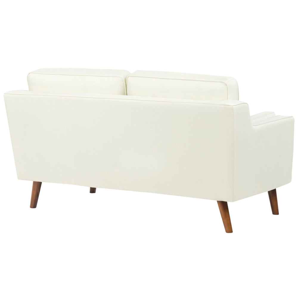 Divano moderno a 2 posti imbottito in tessuto bianco sporco e gambe in legno stile classico e moderno