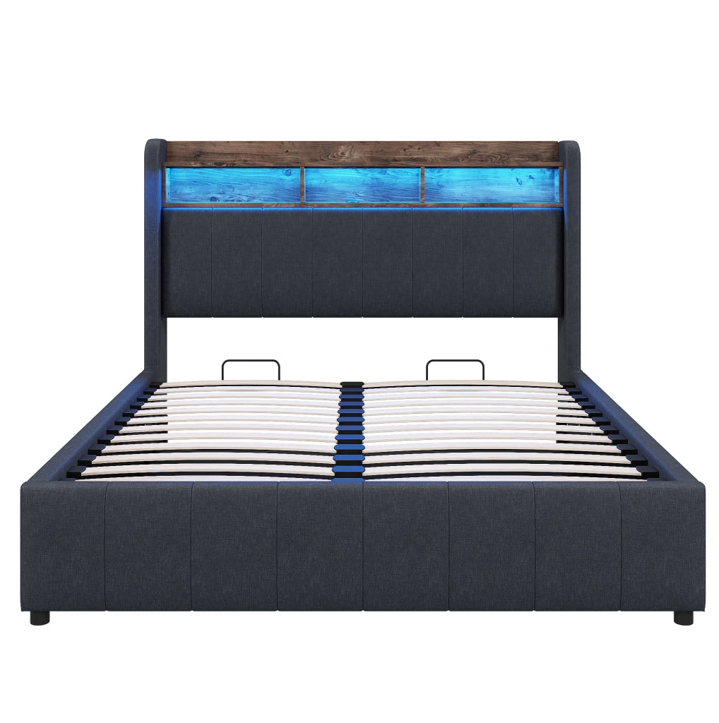 Letto imbottito 140x200 cm; LED e USB; contenitore idraulico; lino; grigio