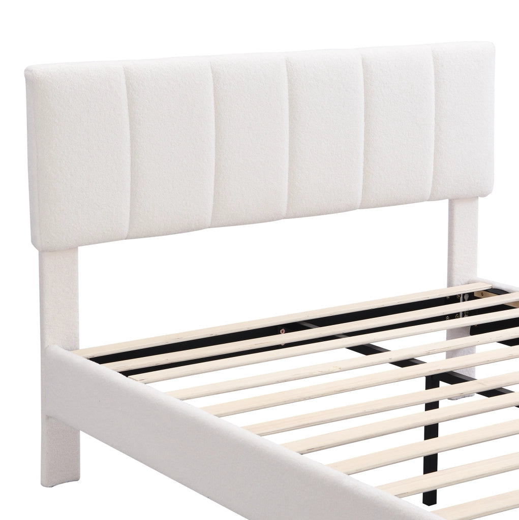 Letto 140x190 cm con rete a doghe; tessuto sherpa beige