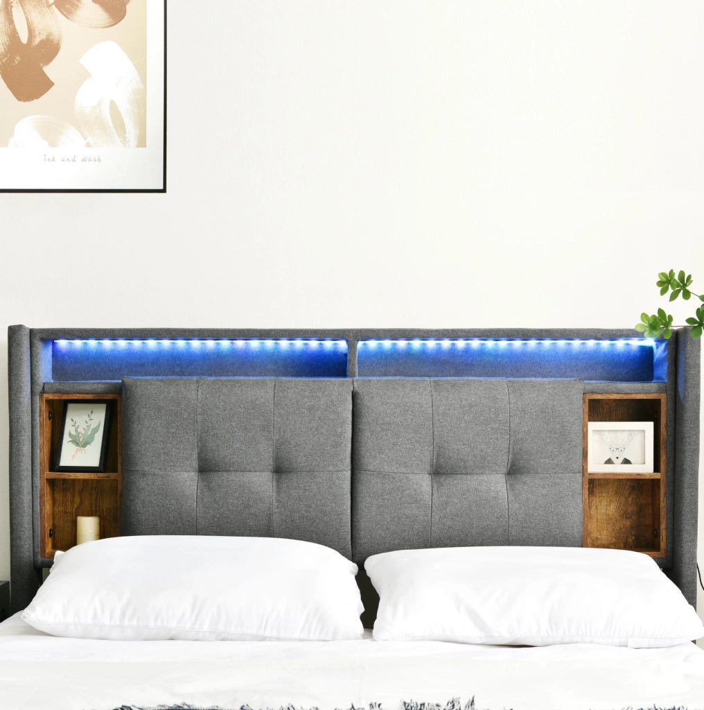 Letto matrimoniale imbottito 140x200 cm con testiera contenitore; LED e prese USB; grigio