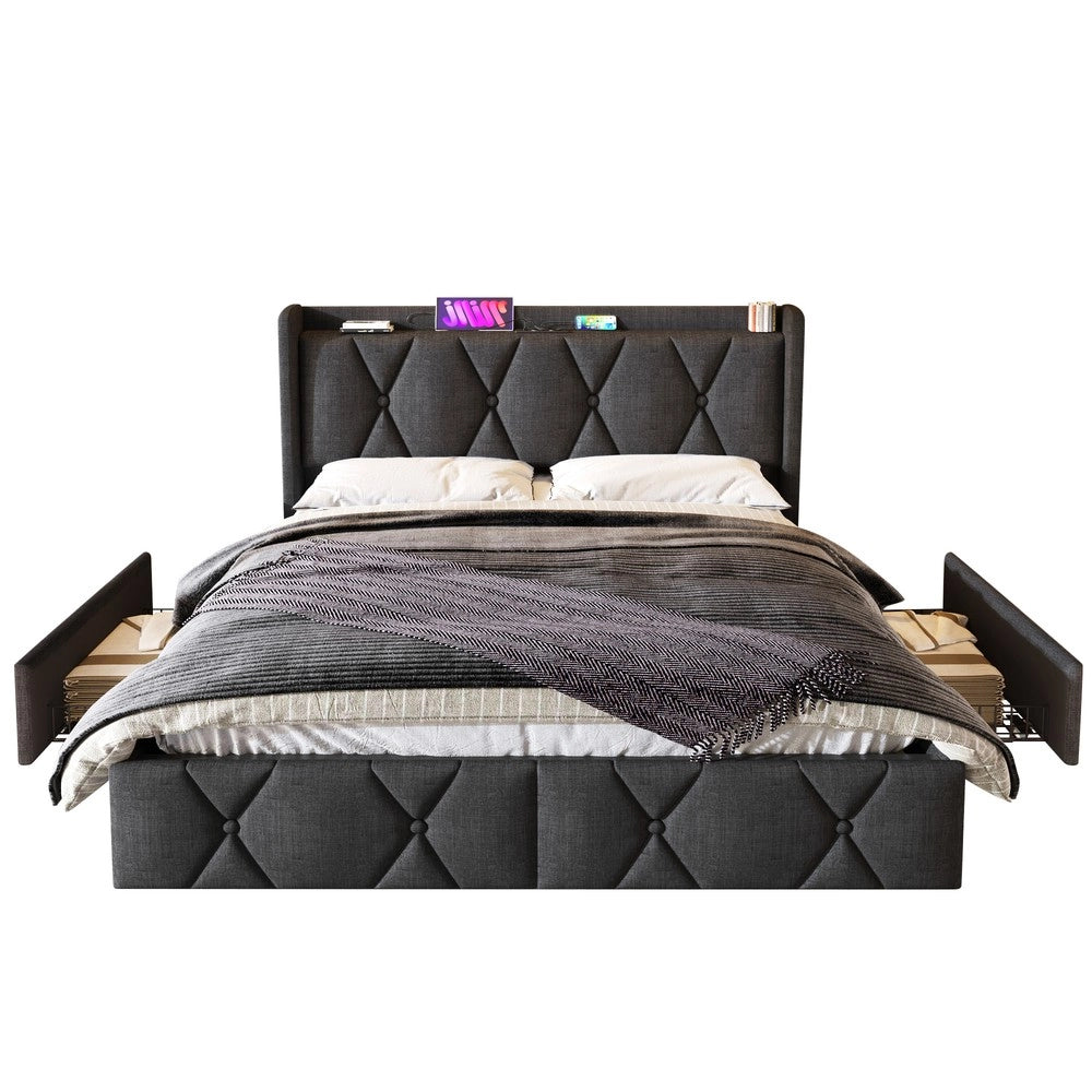 Letto imbottito con 4 cassetti e testa ¨C Minimal ¨C grigio legno 140x200cm