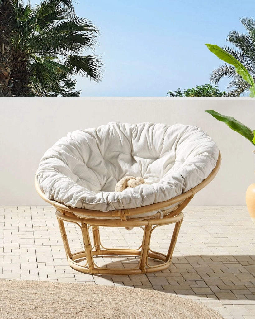 Sedia in rattan naturale Cuscini in cotone beige chiaro Resistenza media Interni Esterni Stile Boho Giardino Patio Balcone