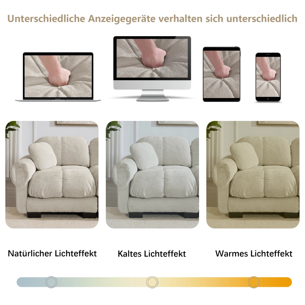 Divano angolare componibile a U a 4 posti in chenille con pouf mobili e cuciture trapuntate beige chiaro