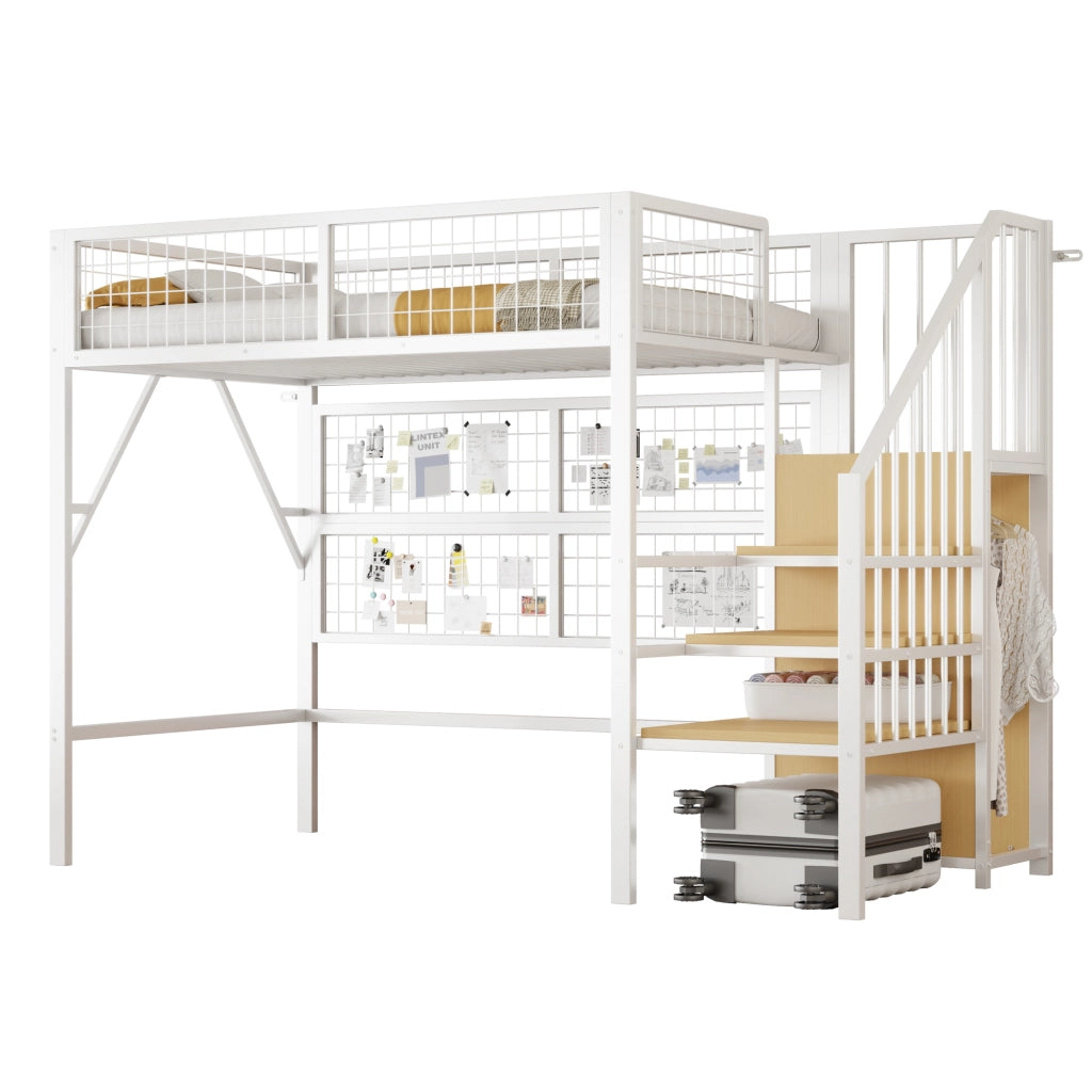 Letto a soppalco singolo con scala contenitore; armadio aperto e LED; 90 × 200 cm; senza materasso