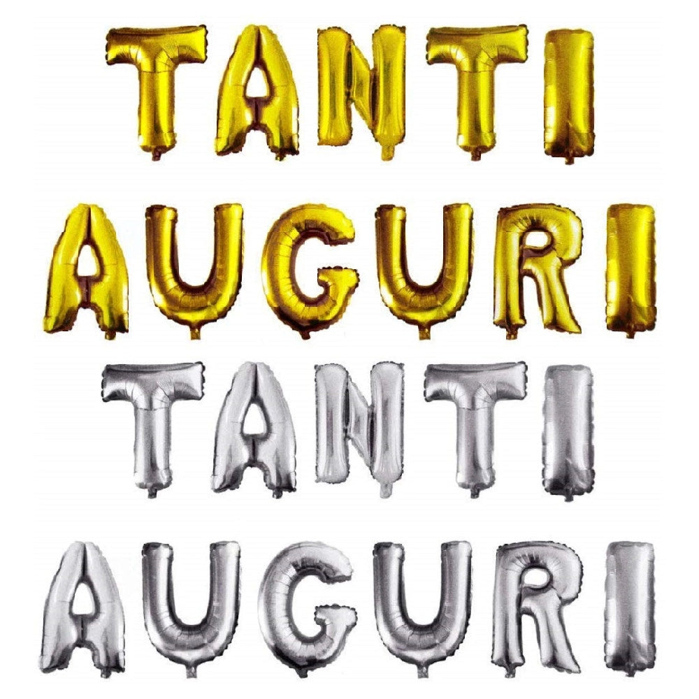 Trade Shop - Festone Palloncino Tanti Auguri Con Cannuccia Per Gonfiare 45cm Oro Argento 11 Palloncini -
