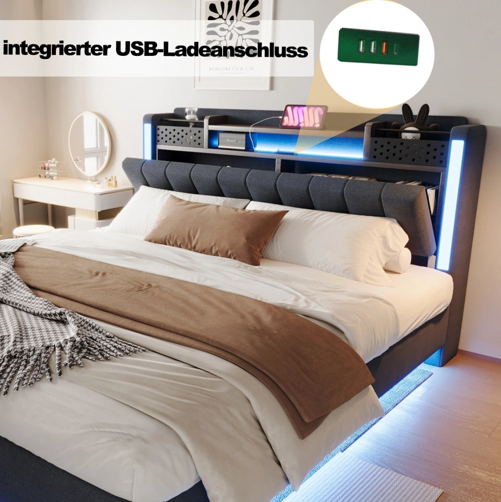 Letto imbottito 160x200 cm con LED; USB e contenitore nella testiera; grigio