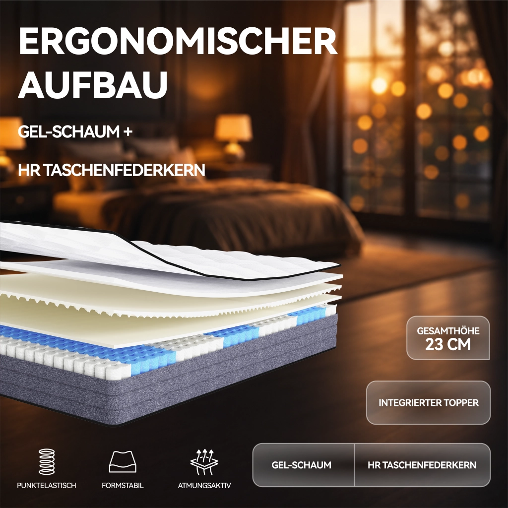 Materasso singolo 90 × 200 cm a 7 zone con molle insacchettate e memory foam, certificazione OEKO-TEX, bianco grigio