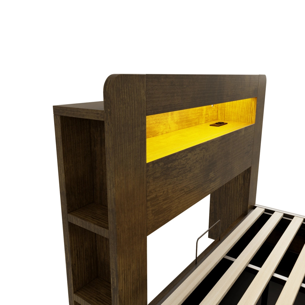 Letto contenitore 140x200 in legno con testiera LED e prese integrate