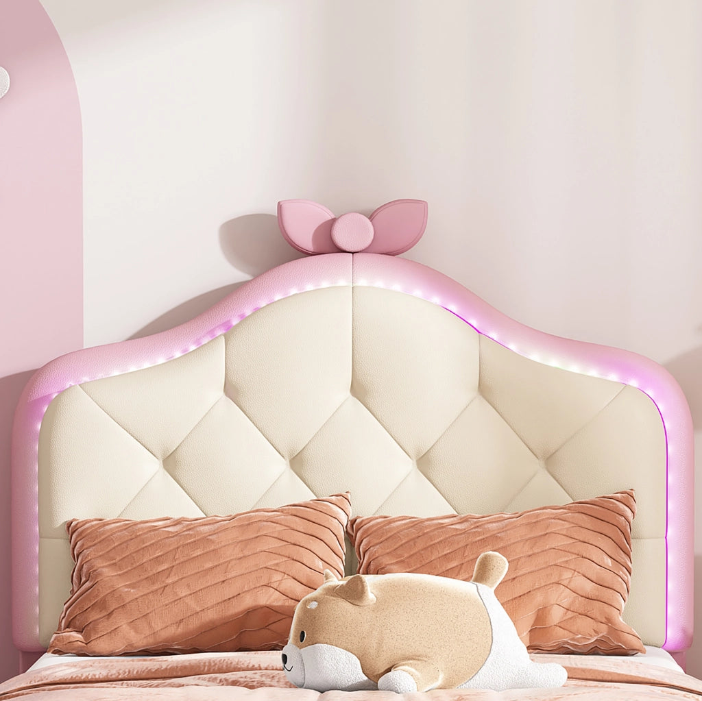Letto Singolo 90x200 cm - LED Multicolore e Testiera Imbottita in PU - Rosa e Bianco