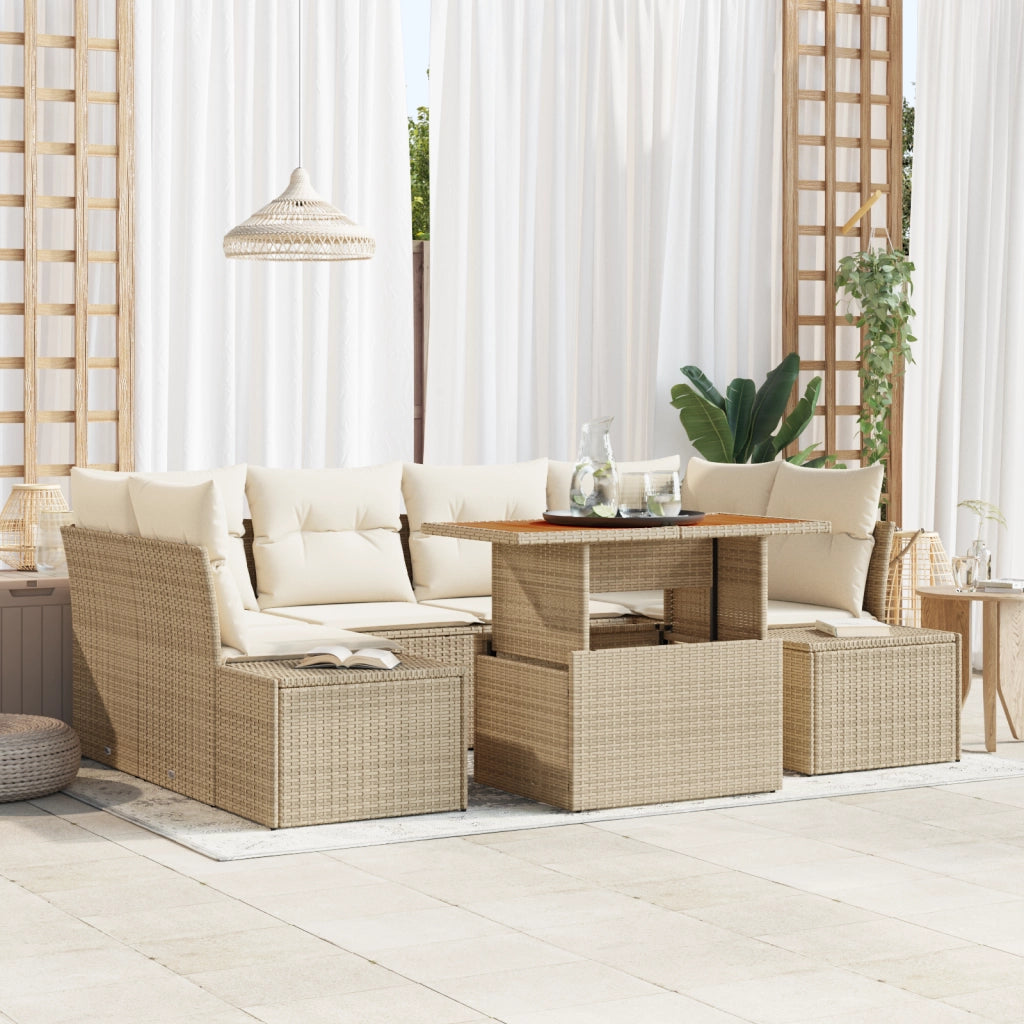 Set di divani da giardino da 7 pezzi con cuscini beige in polirattan