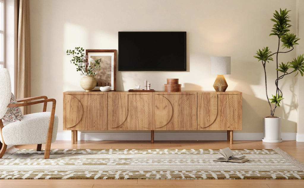 Mobile porta TV con 4 ante e 2 vani, passacavi, rilievo 3D, per soggiorno, in legno, naturale, 180 × 38 × 56,5 cm