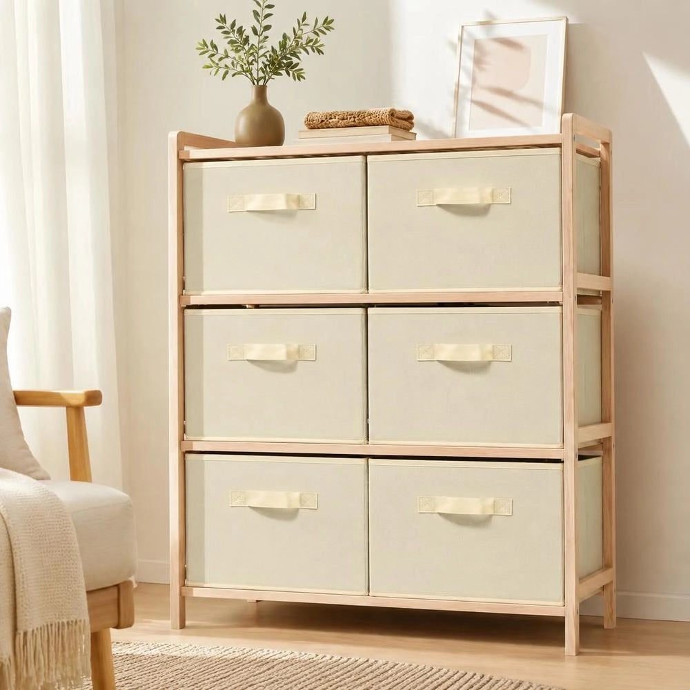 Wicker Chest Of Drawers With 6 Fabric Baskets, Cedar Wood, Beige