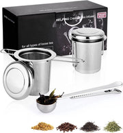Tea infuser con coperchio, maniglia doppia e cucchiaio per tè, infusore per tè in polvere, infusore per tè in bustina, infusore per tè, acciaio inossidabile, per la maggior parte delle tazze da tè