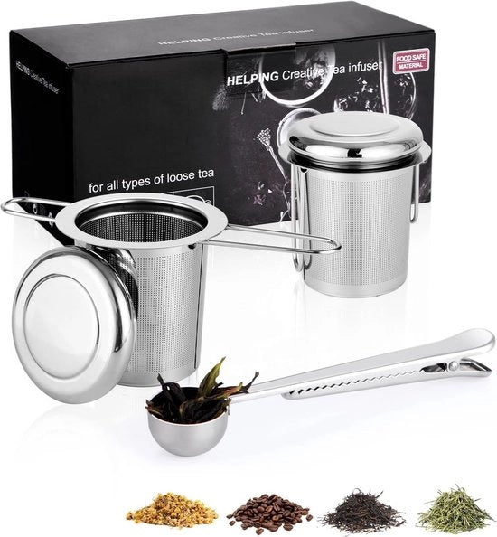 Tea infuser con coperchio, maniglia doppia e cucchiaio per tè, infusore per tè in polvere, infusore per tè in bustina, infusore per tè, acciaio inossidabile, per la maggior parte delle tazze da tè