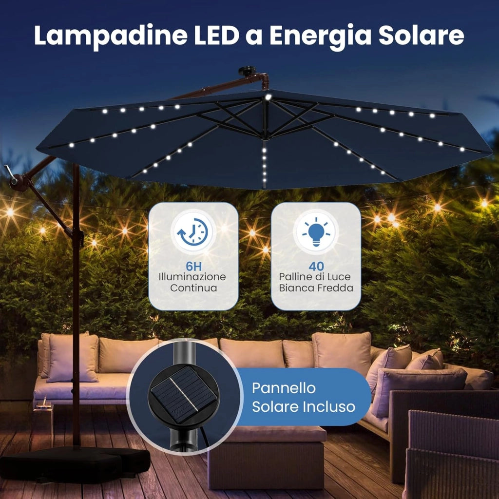 Ombrellone da Giardino con 40 Luci a LED, con Sacco di Sabbia, Ombrellone da Esterno 300 cm con Altezza Regolabile, Ombrellone per Giardino Piscina Patio, 300 x 300 x 250 cm (Blu)