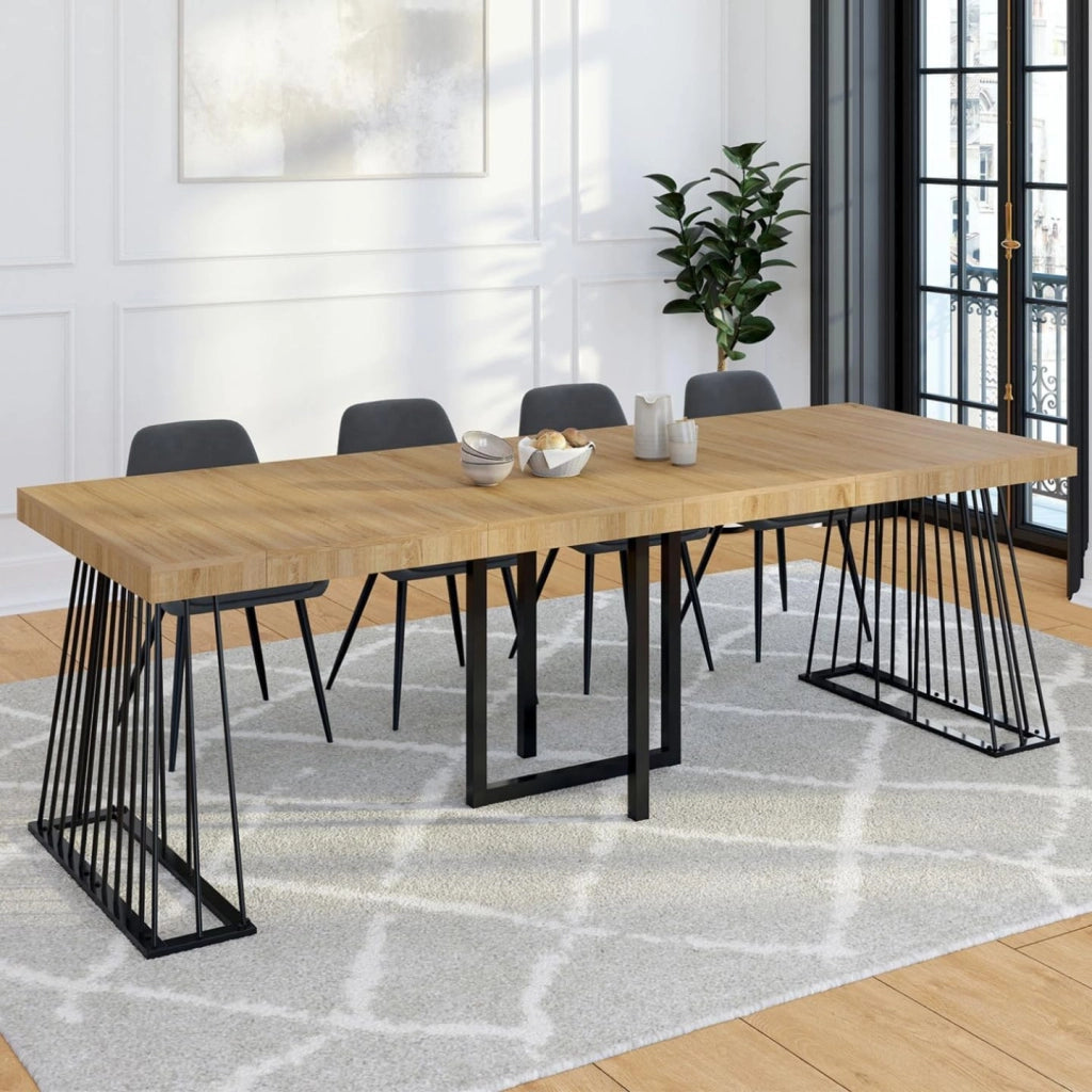 Consolle allungabile YUNA, 10 posti, 235 cm, con piano in legno e gamba in filo metallico nero