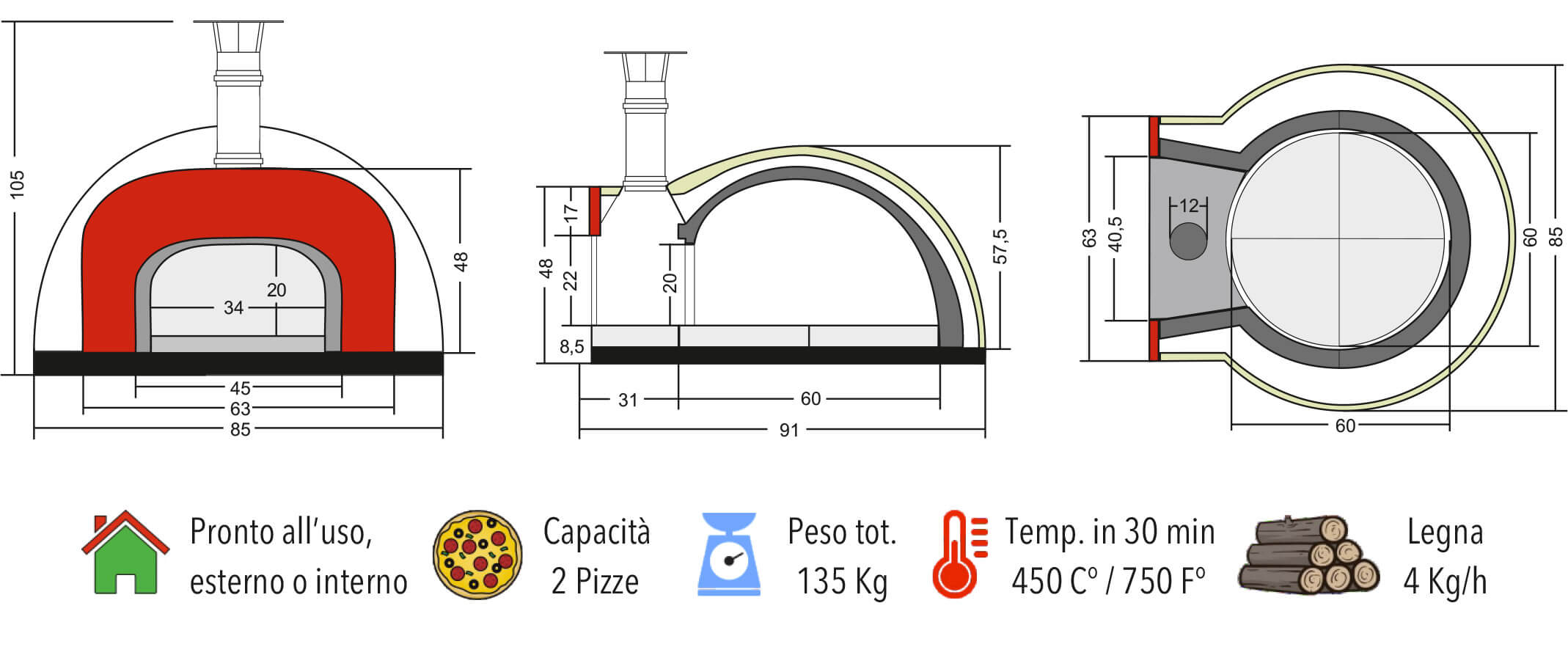 Forno a Legna da Esterno Cottura Diretta in Refrattario Zio Ciro Subito Cotto 60