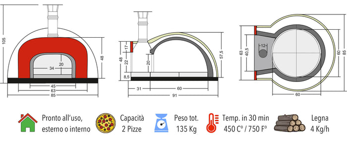 Forno a Legna da Esterno Cottura Diretta in Refrattario Zio Ciro Subito Cotto 60