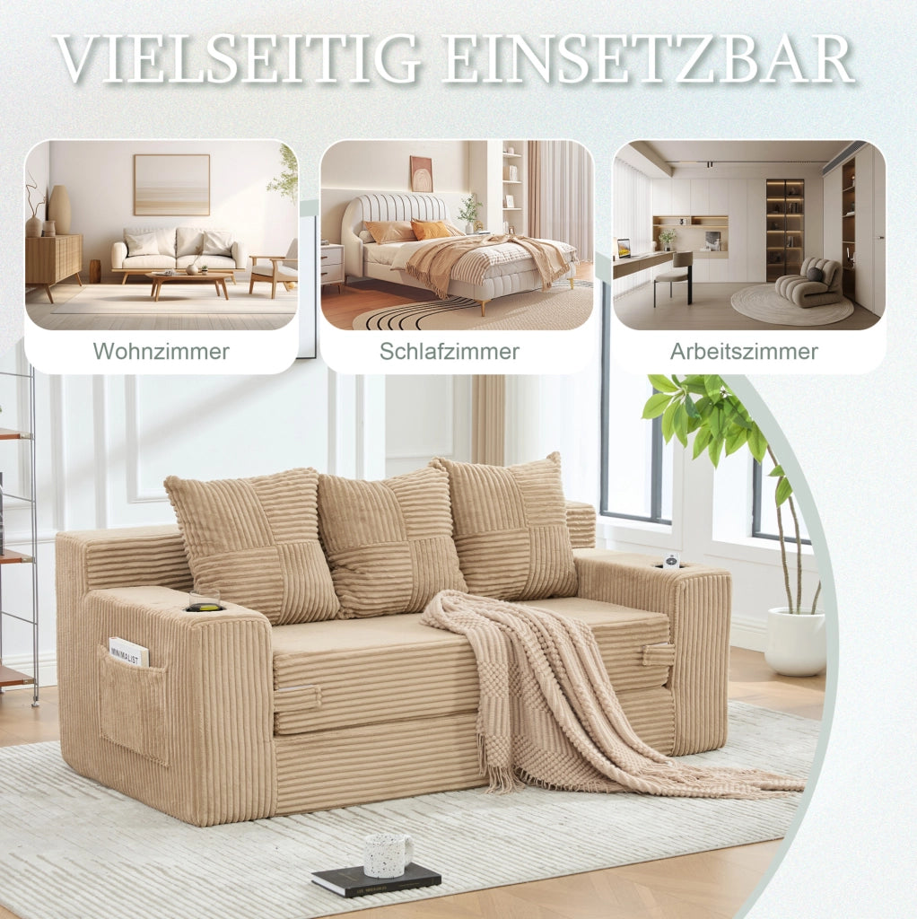 Sofa modulare da pavimento 2 posti 172x87x64 cm in velluto a coste khaki