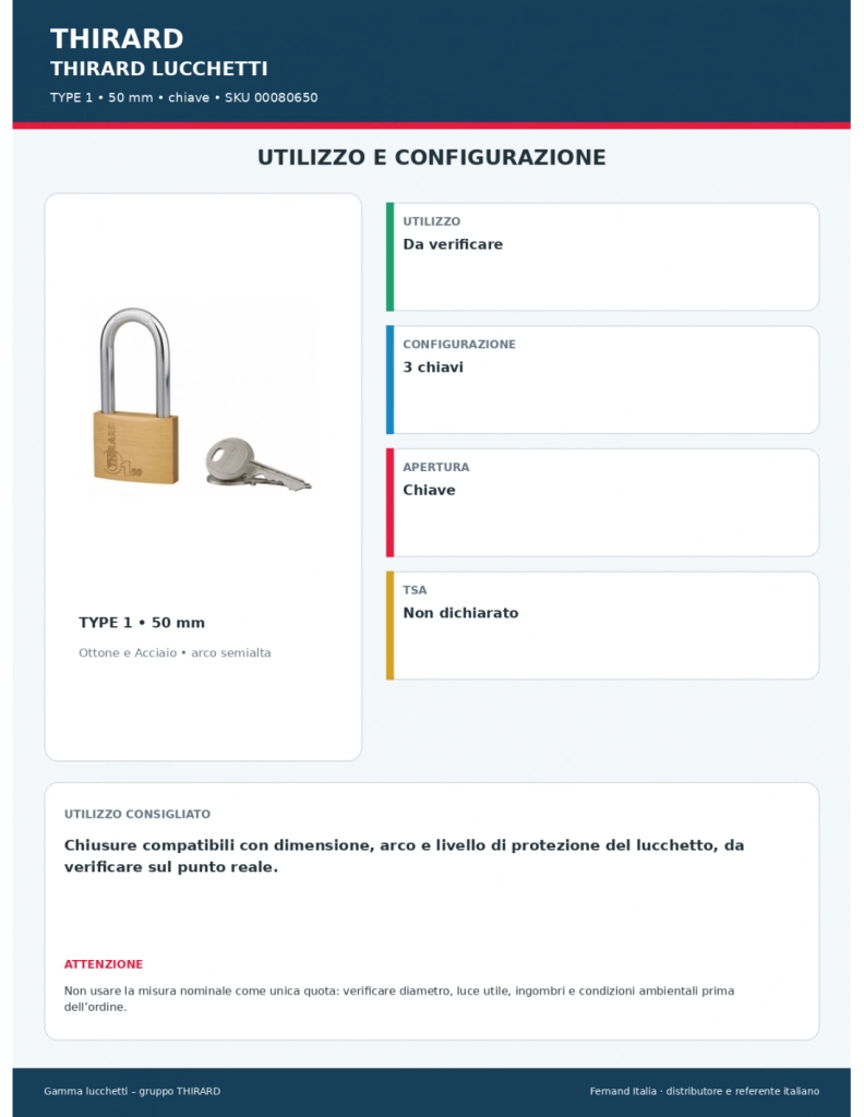 Lucchetto Tipo 1, ottone, interno, arco mezza altezza in acciaio, 50mm, 3 chiavi - THIRARD