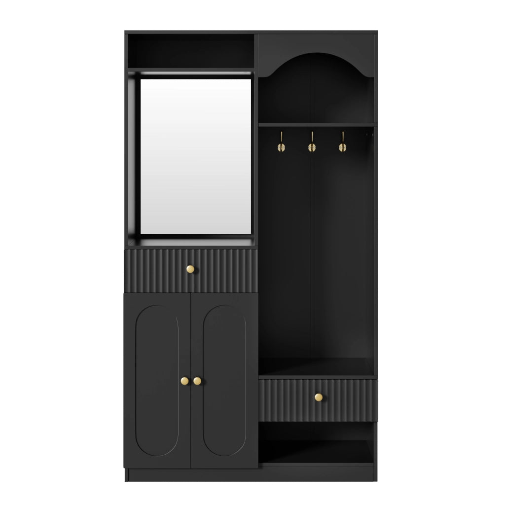 Mobile da ingresso con specchio, panca, appendiabiti, 2 ante, cassetti e LED multicolore, nero, 100 × 35 × 180 cm