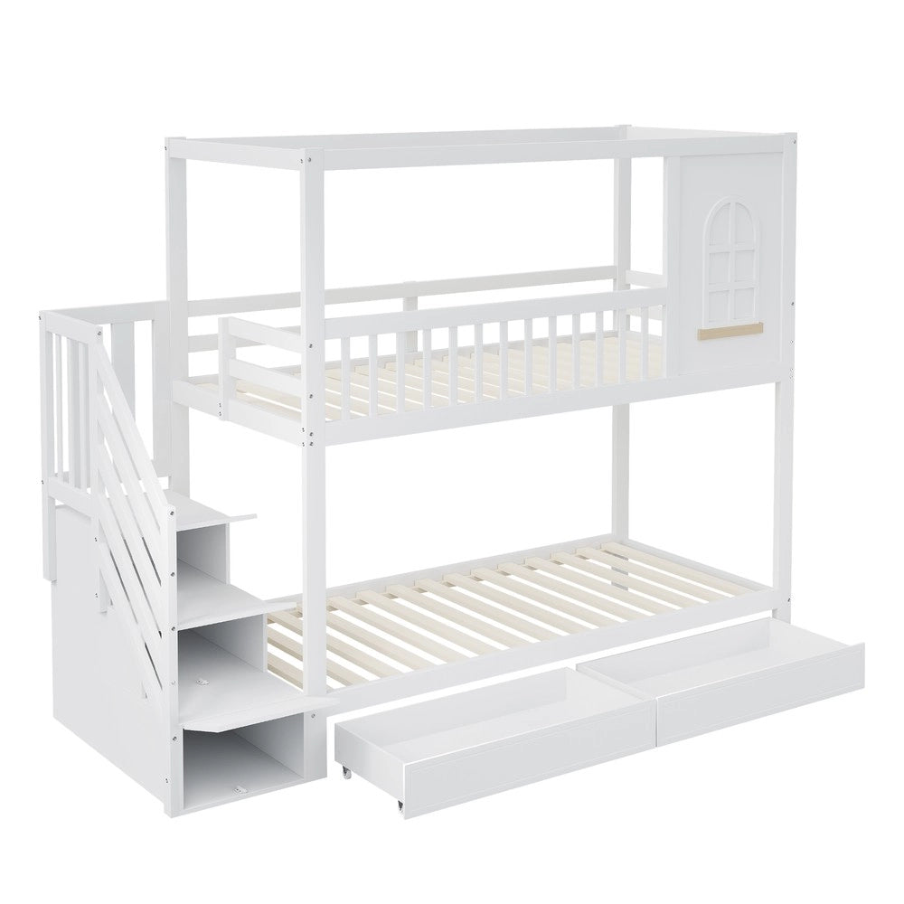 Letto a Castello Bambini in Legno Massello con Cassetti ¨C MINIMAL ¨C Bianco 90x200