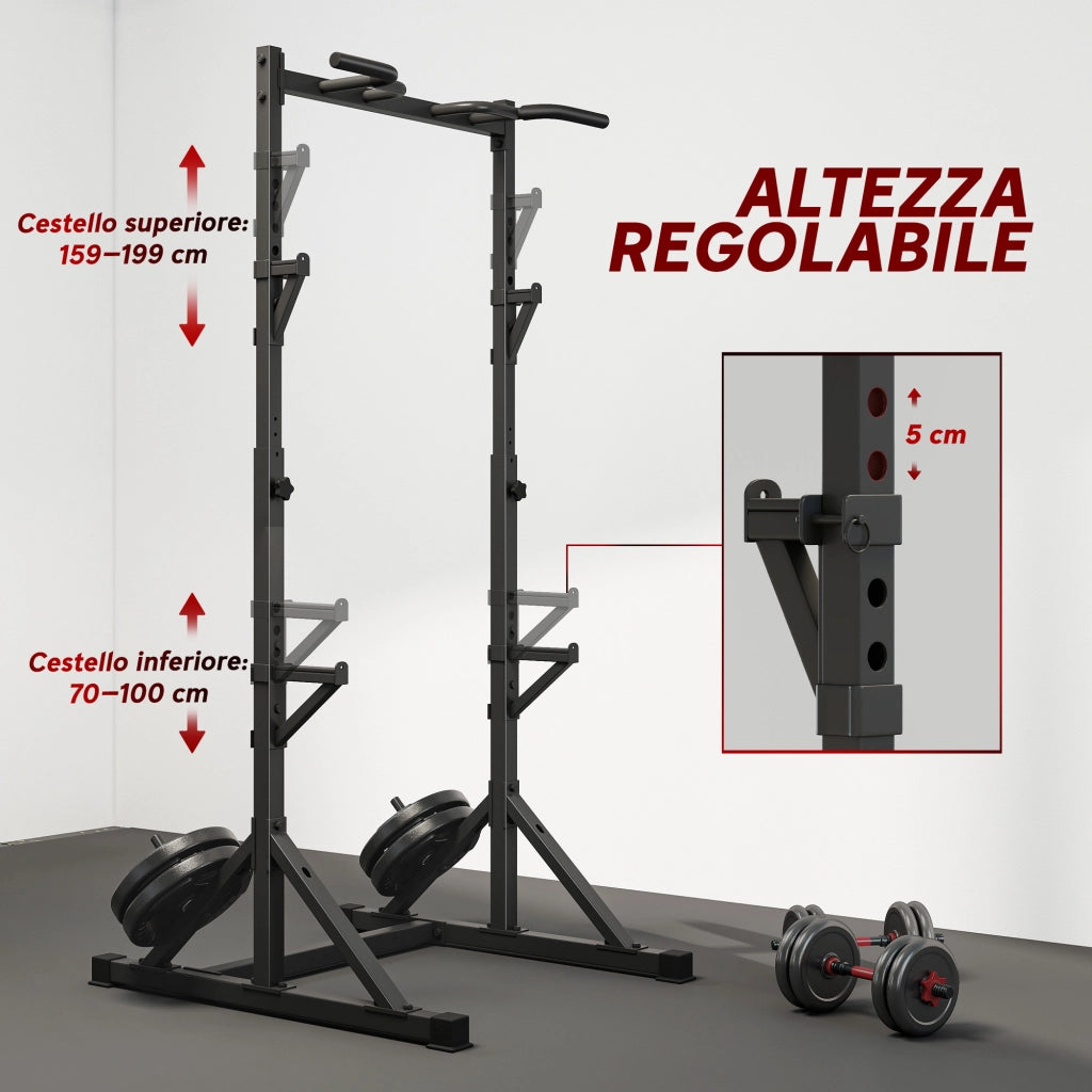 Squat Rack Regolabile con Doppio Supporto, Portadischi e Barra Trazioni, in Acciaio, 112-100x201-217 cm, Nero