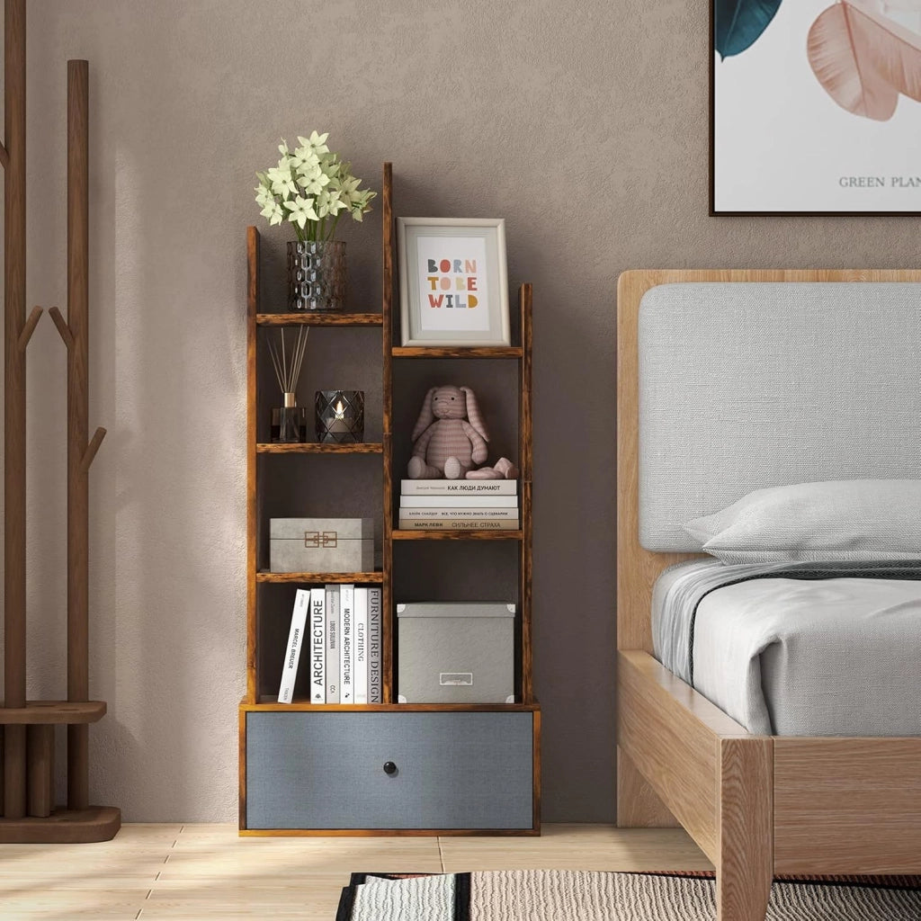 Libreria in Legno a 7 Piani, Scaffale Multifunzionale con 1 Cassetto e 7 Scomparti, Scaffale Espositivo per Soggiorno Studio Ufficio, 53x24x118 cm (Marrone, 1 cassetto)