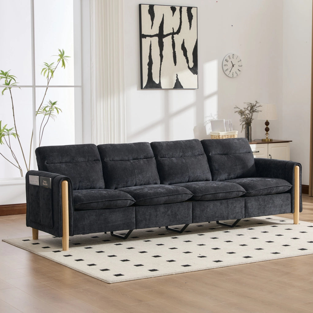 Divano modulare a U a 4 posti con 2 pouf contenitore; in chenille nero; 261 x 77 x 86 cm