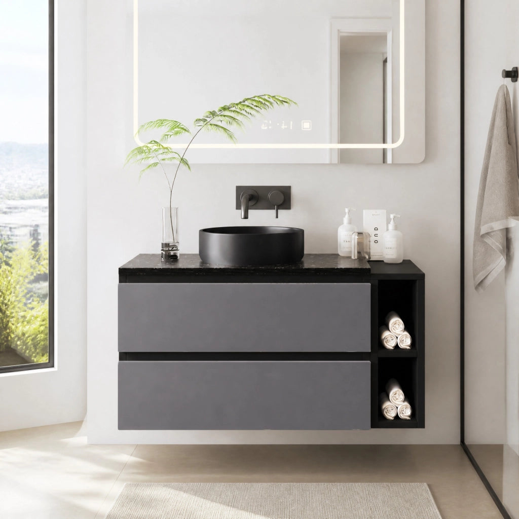 Mobile bagno con lavabo rotondo in ceramica e piano in marmo; nero e grigio