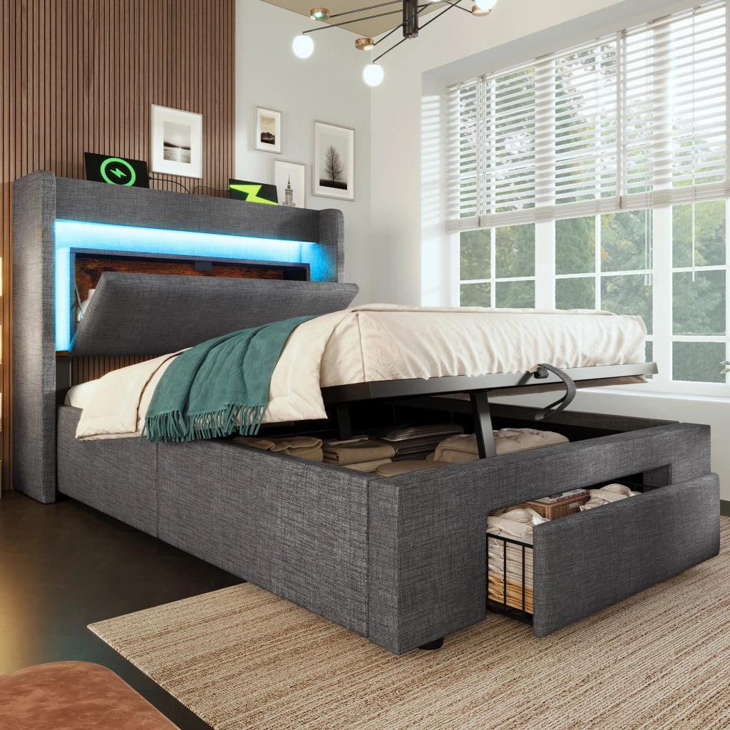 OKWISH Letto Contenitore 90×200 cm, Letto Singolo con LED Regolabile, USB, Tipo C e Cassetto, senza Materasso, in Lino, Grigio