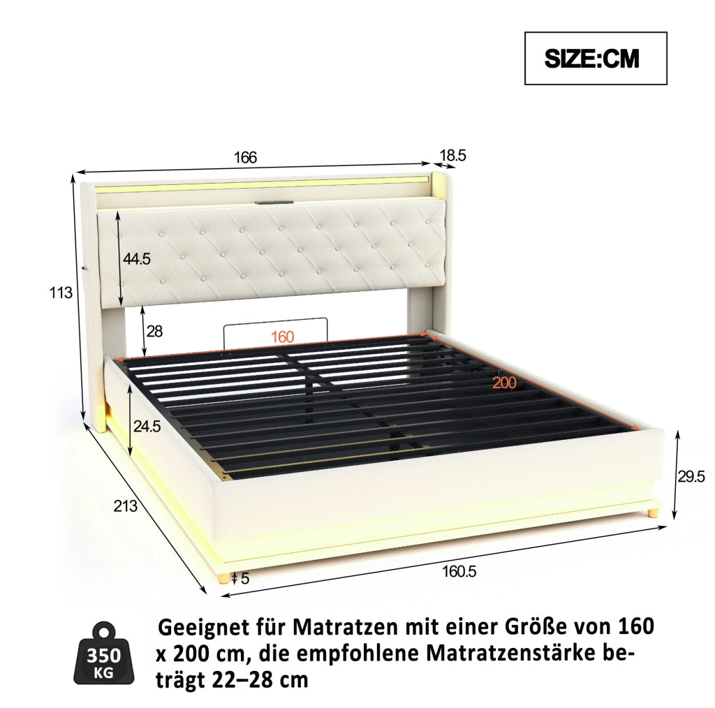 Letto imbottito 160x200 cm con LED, USB e contenitore idraulico