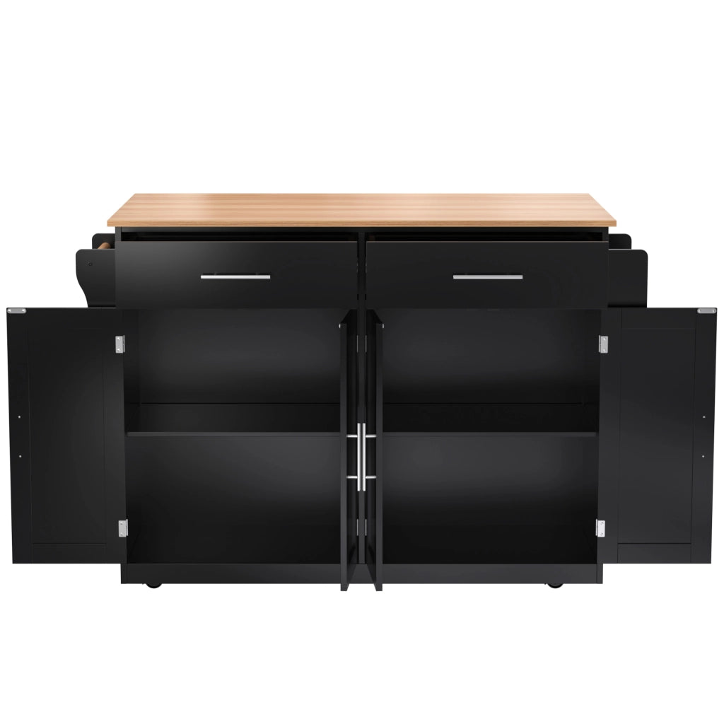Isola da Cucina Mobile 120x46/70x91 cm Nera con Piano Ribaltabile; 2 Cassetti; Ruote e Gambe in Legno