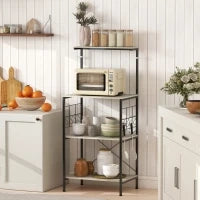Scaffale Cucina a 4 Livelli con Pannelli a Rete e 8 Ganci Stile Industriale, 60x42x134.5 cm, Rovere
