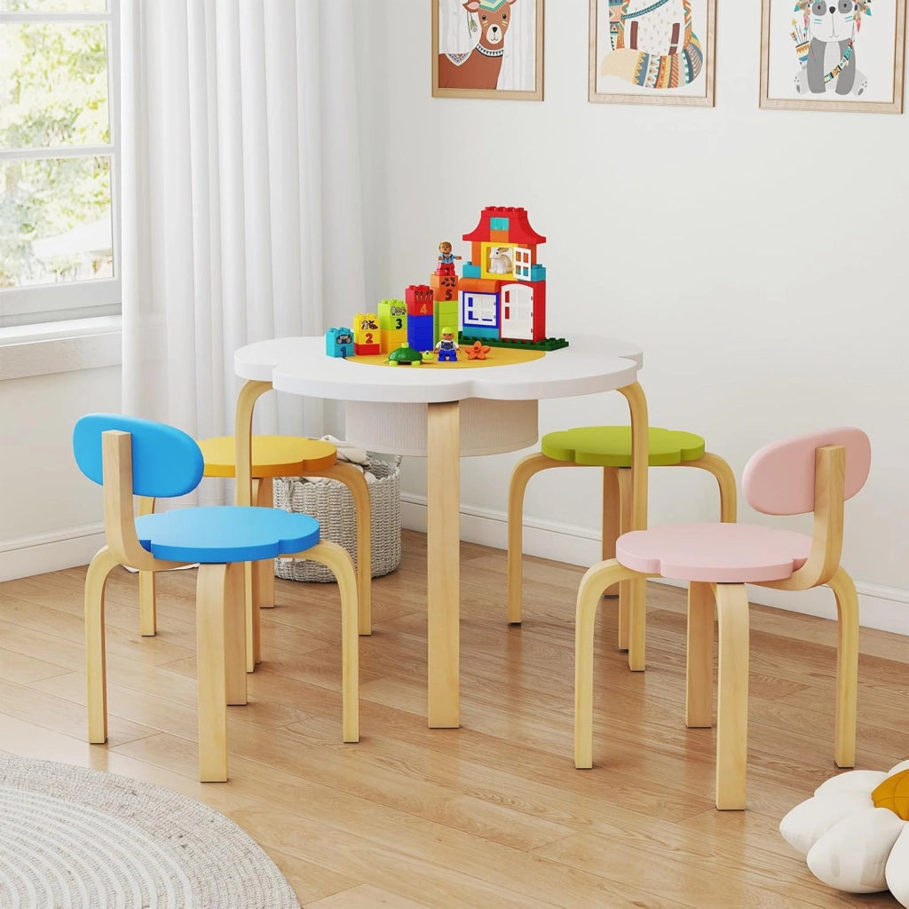 Set Tavolo e Sedie per Bambini, Set Mobili a Forma di Fiore con 2 Sedie e 2 Sgabelli, Tavolo Attività con Contenitore Nascosto, Set Gioco a 5 Pezzi in Legno per Bambini 3+ Anni