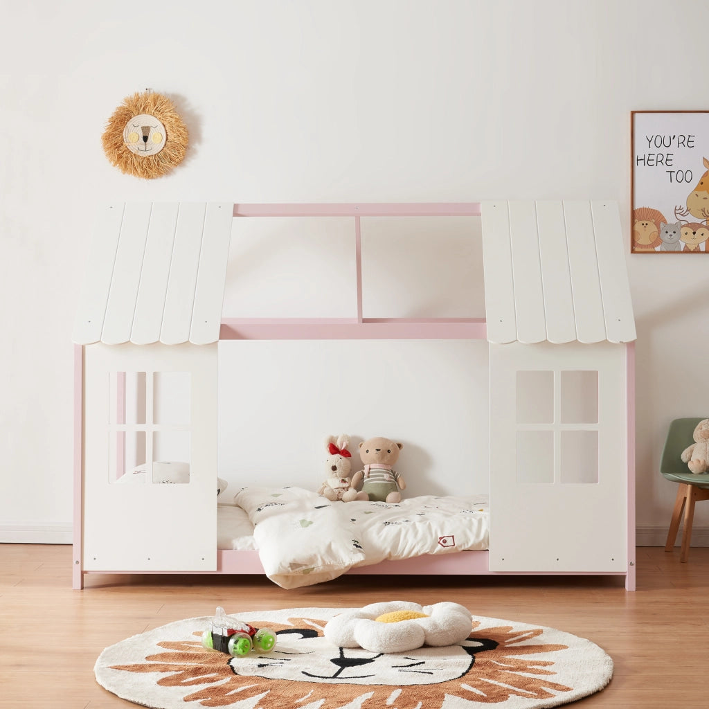 Letto Tostedt per Cameretta a Forma di Casetta Semiaperta 90 x 200 cm Rosa / Bianco [en.casa]