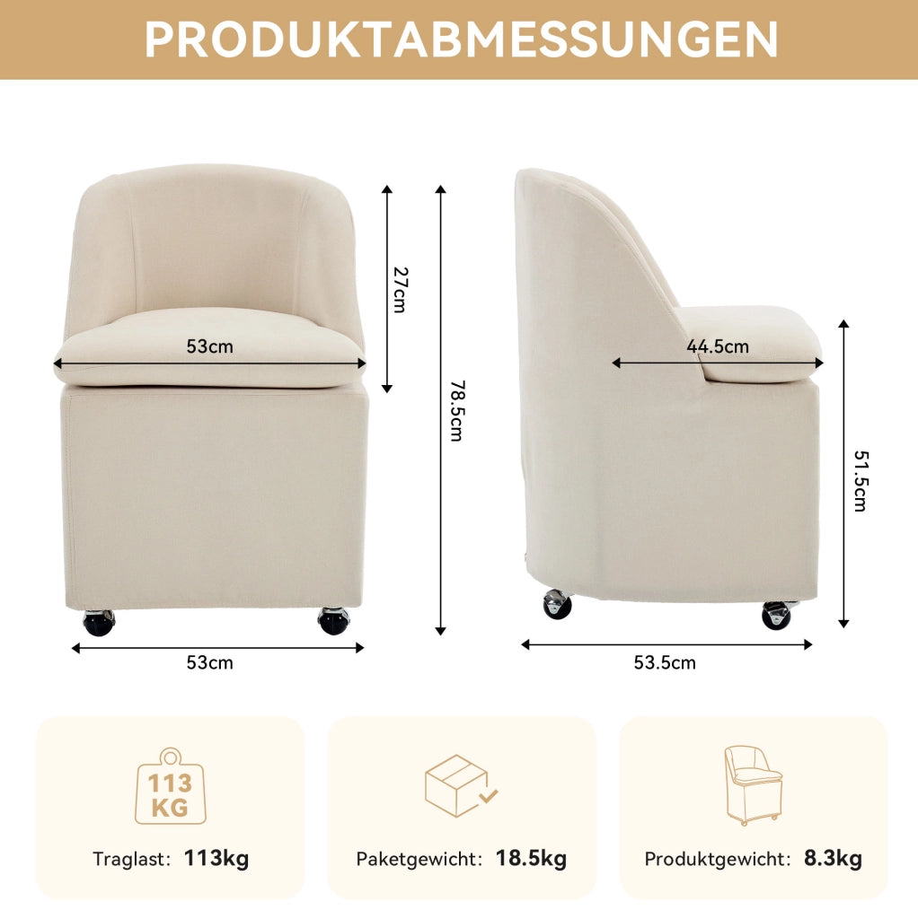 Set di 2 sedie da pranzo in chenille beige con ruote