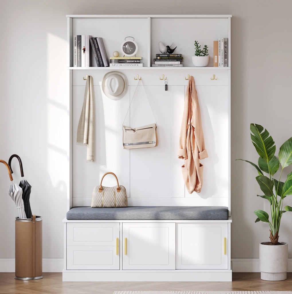 Appendiabiti da ingresso con panca e scarpiera, bianco, 120×40×191 cm